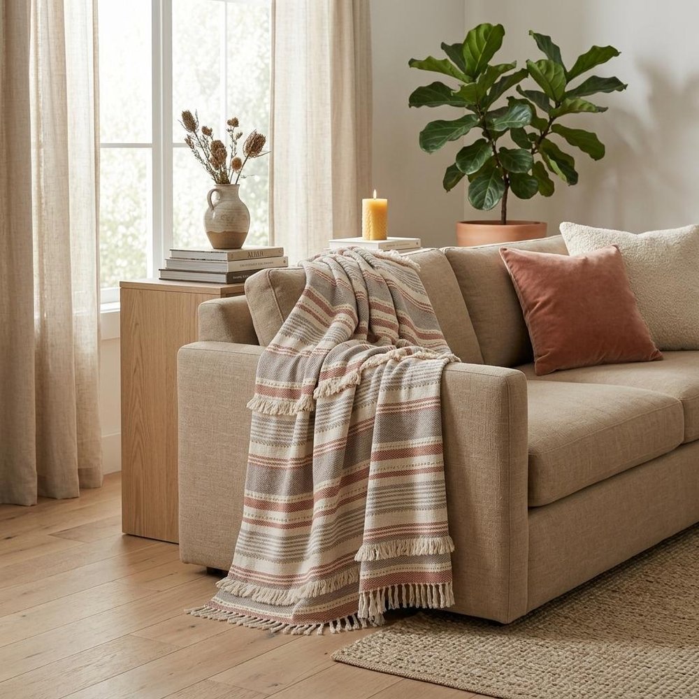 60" X 50" Beige Woven Cotton Striped Throw Blanket with Fringe