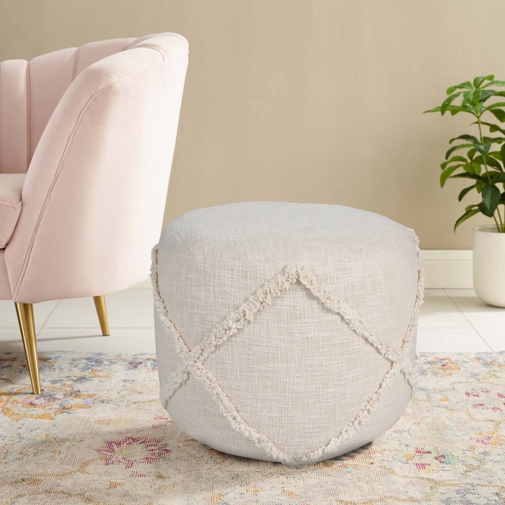 18" Gray Cotton Cylinder Geometric Pouf Ottoman