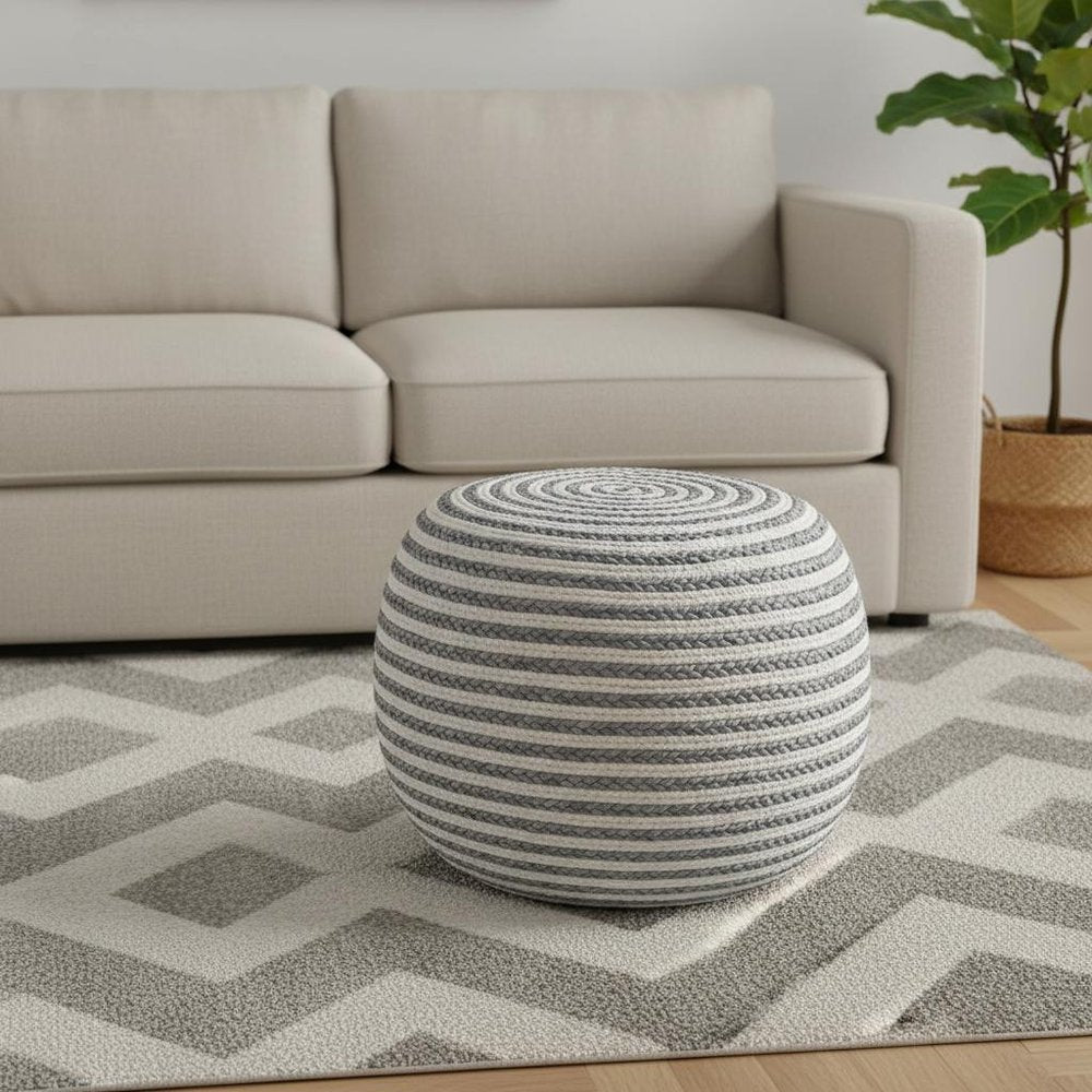 20" Gray Cotton Blend Striped Round Pouf Ottoman