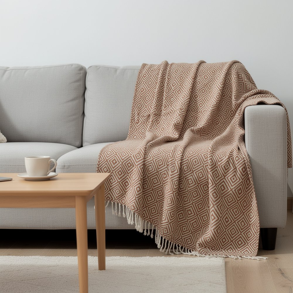 50" X 60" Brown Cotton Woven Geometric Throw Blanket with Fringe