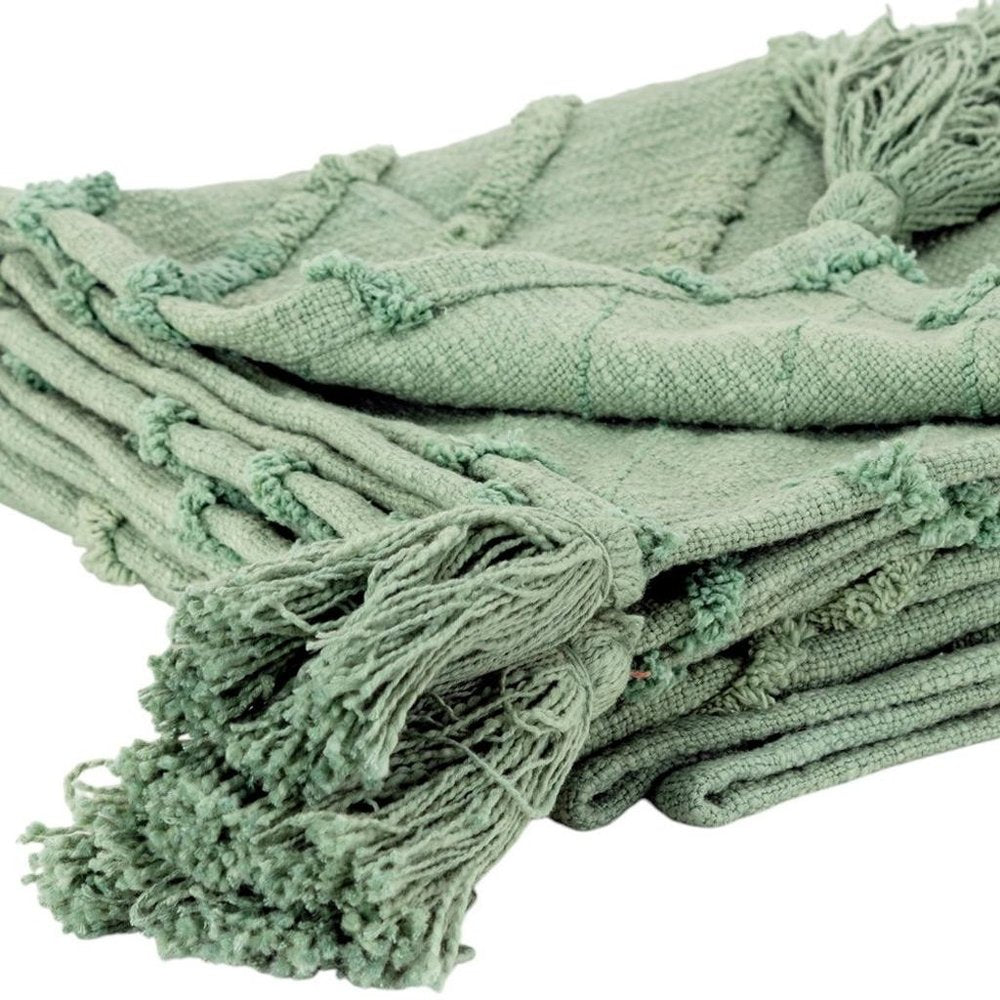 50" X 60" Green Cotton Woven Geometric Throw Blanket with Tassels