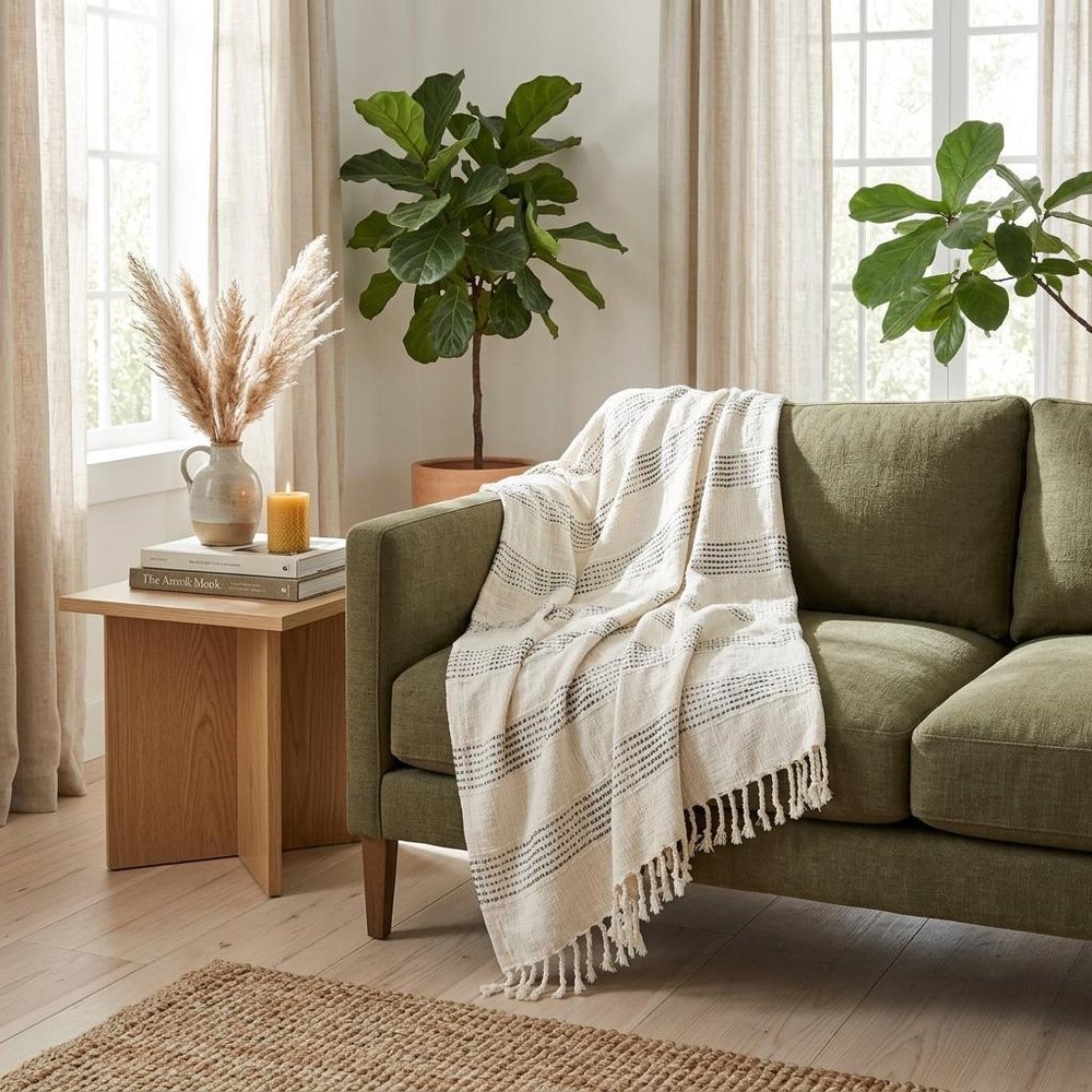 Beige and Gray Woven Cotton Throw Blanket with Fringe