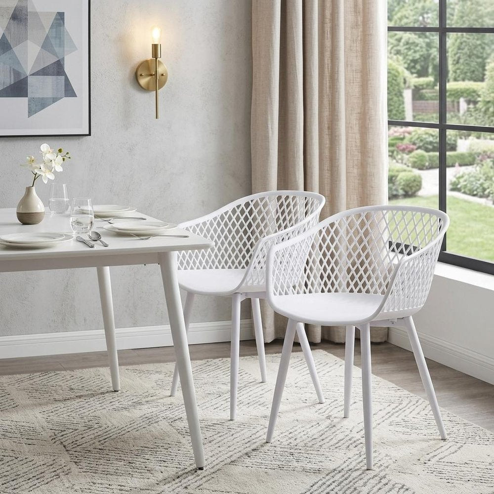 Set of Two White Heavy Duty Plastic Dining Arm Chairs