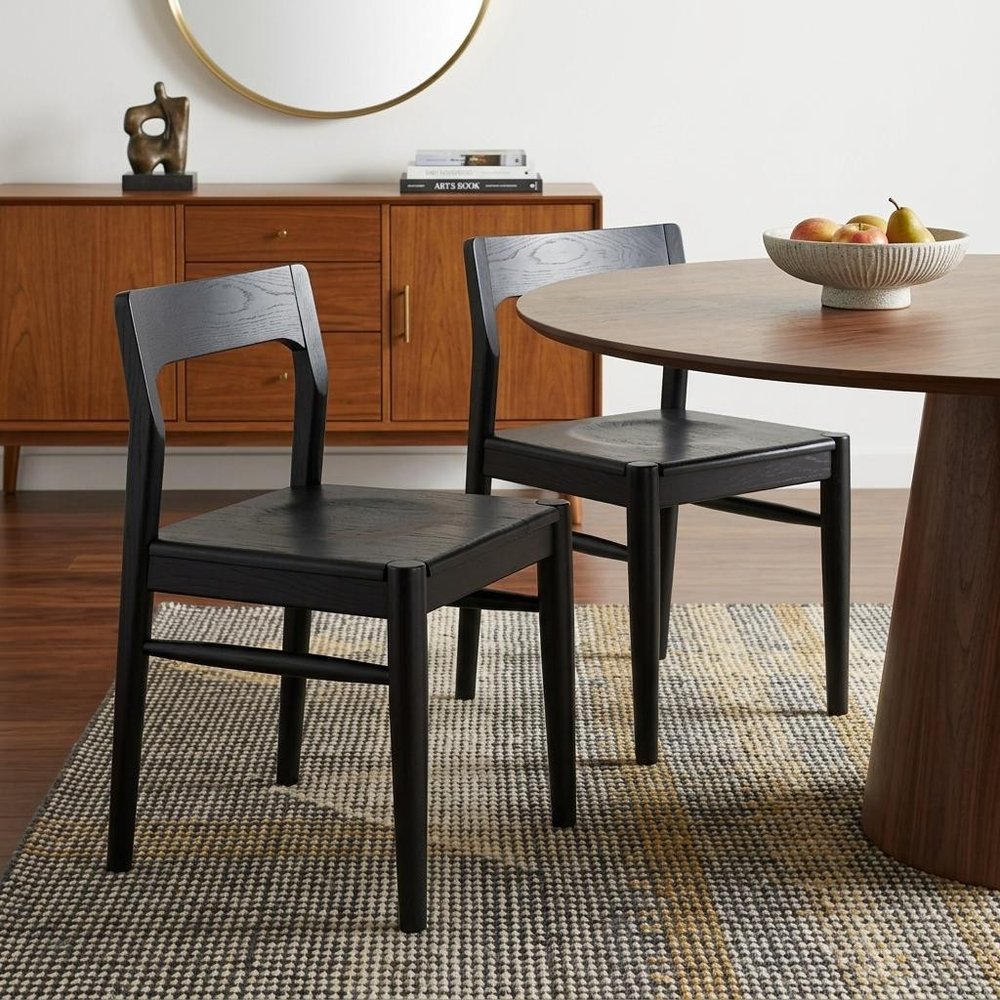Set of Two Black Solid Wood Open Back Dining Side Chairs