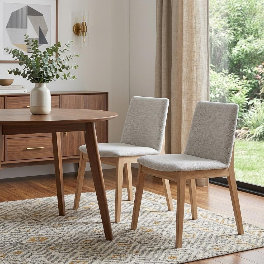 Set of Two Gray and Natural Fabric Dining Side Chairs