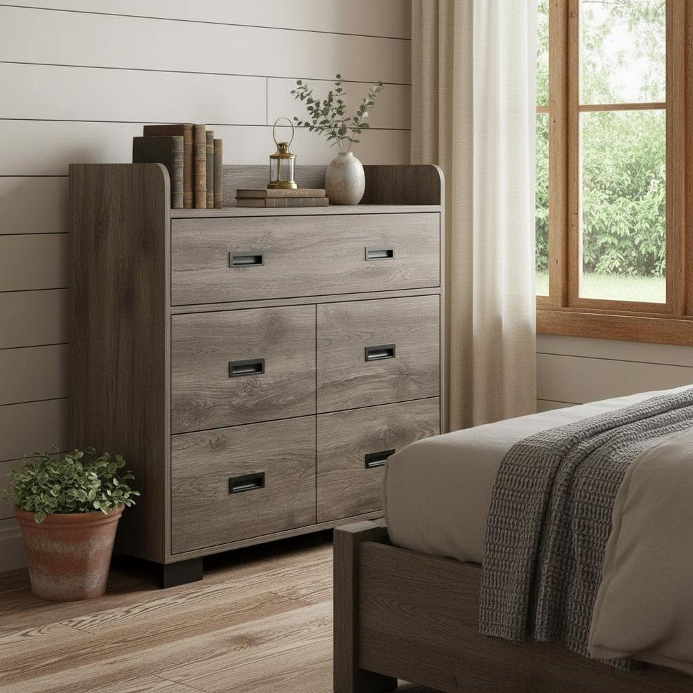 33" Dark Brown Wood Five Drawer Double Dresser