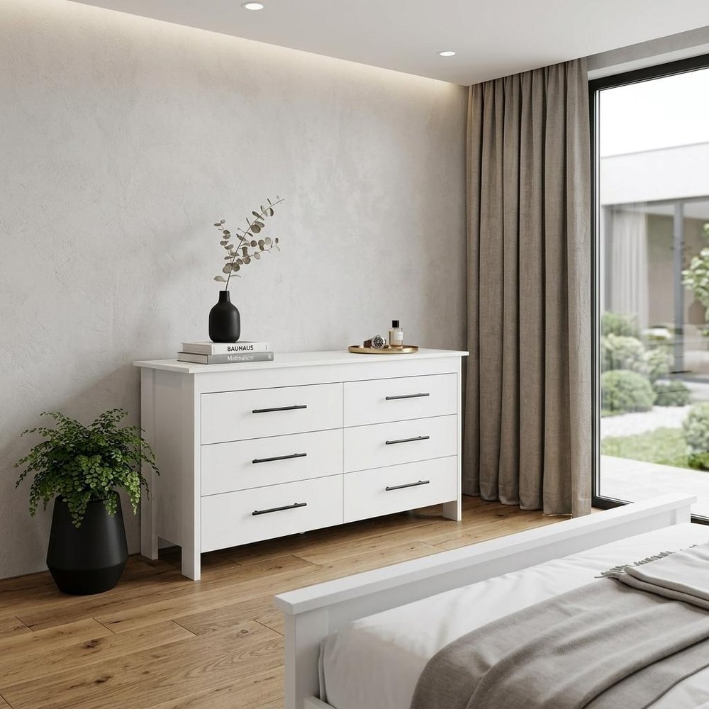 59" White Wood Six Drawer Double Dresser