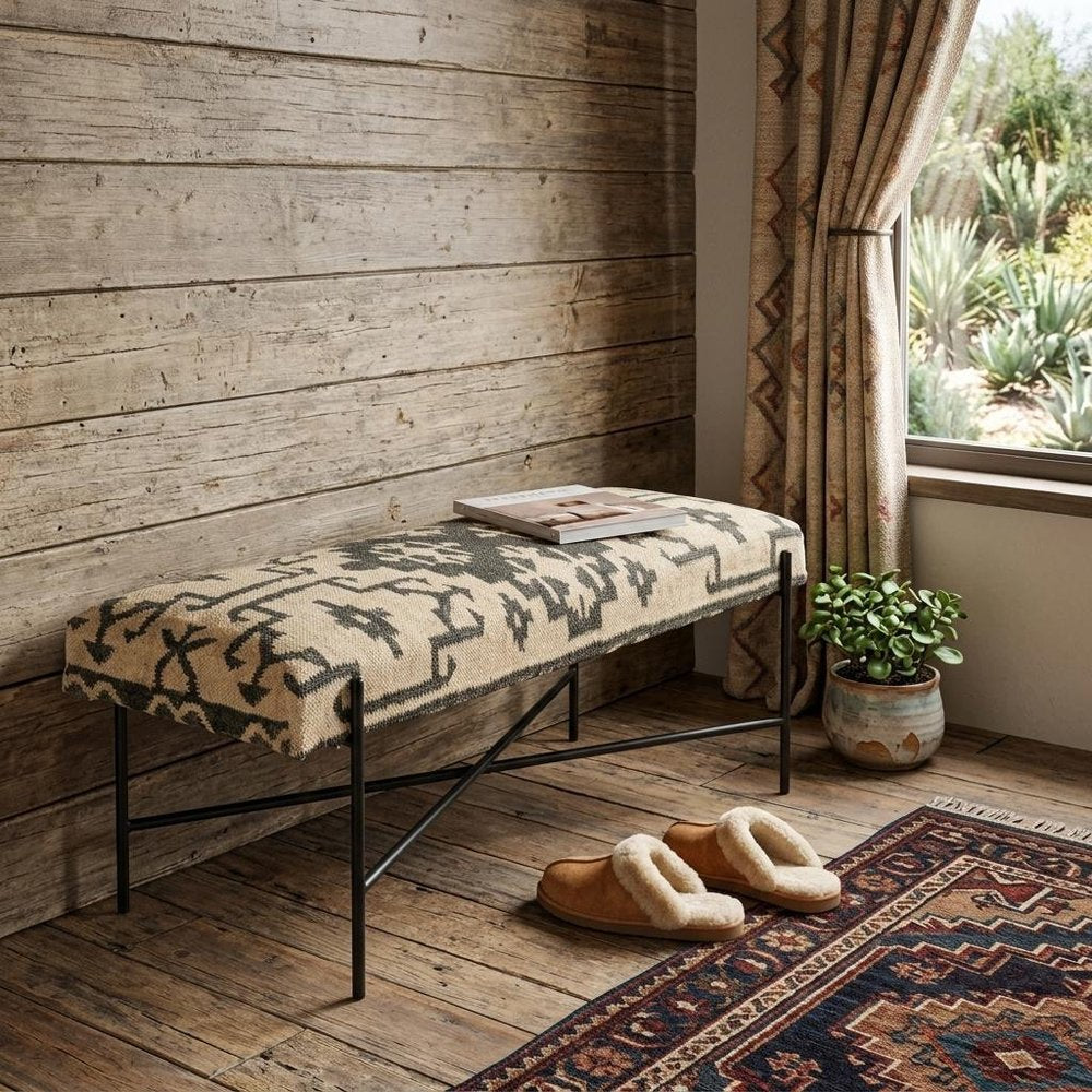 48" Cream and Black Cotton Blend Upholstered Southwest Bench