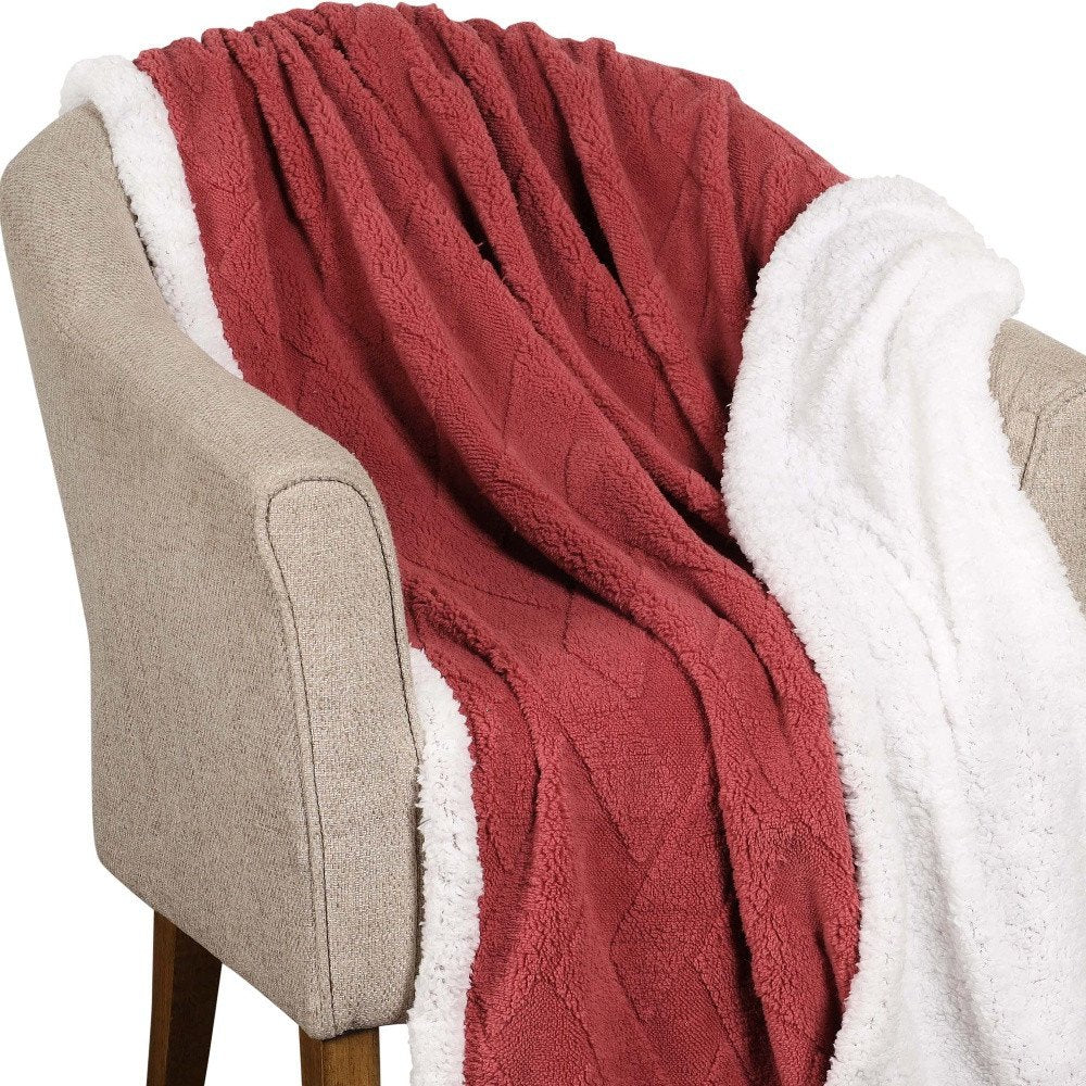 Queen Red And Orange Geometric Fleece Woven Plush Blanket