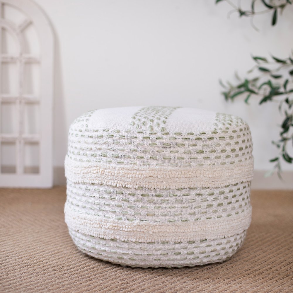 18" Ivory And Blue Cotton Blend Round Striped Pouf Ottoman