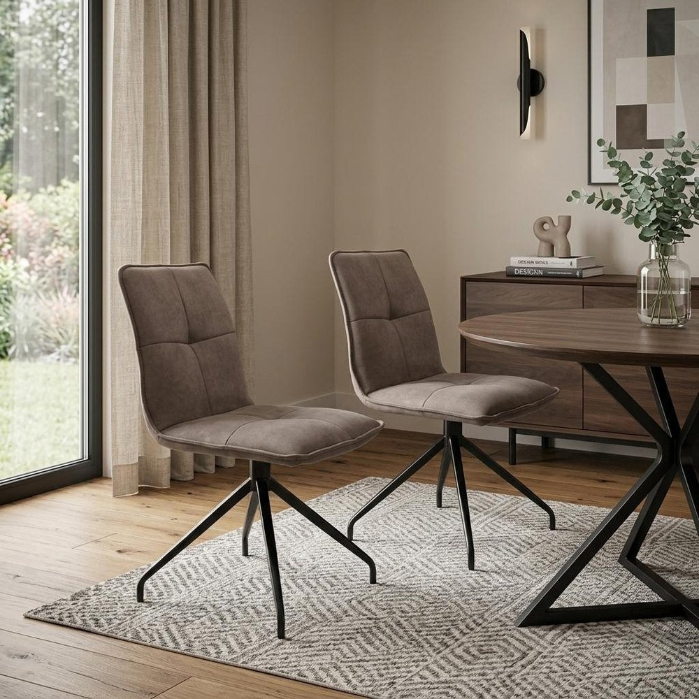 Set of Two Dark Brown and Black Fabric Swivel Dining Side Chairs