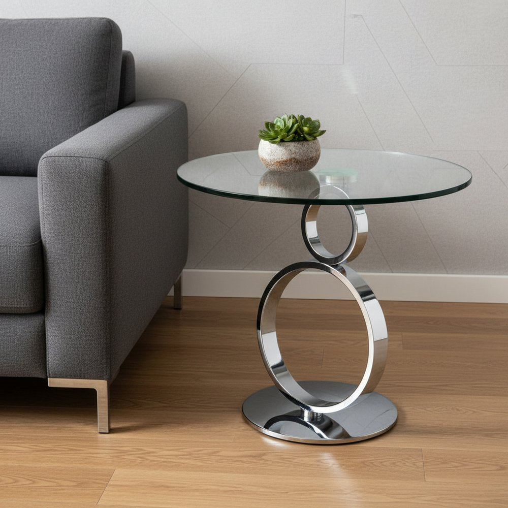 21" Clear and Silver Glass and Metal Round Pedestal End Table
