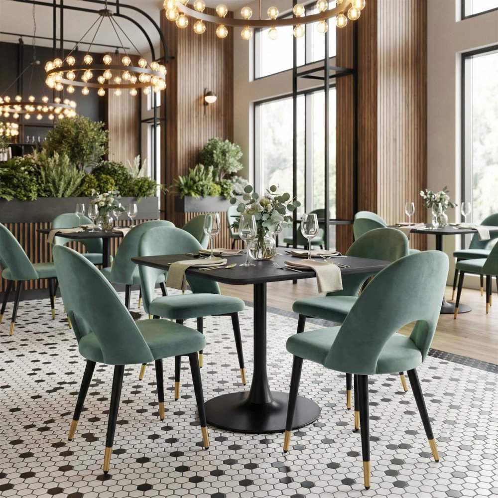 Set of Two Green Black and Gold Upholstered Velvet Open Back Dining Side Chairs