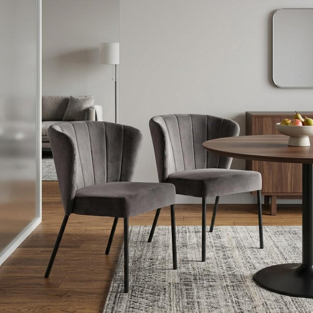 Set of Two Gray and Black Tufted Velvet Dining Side Chairs
