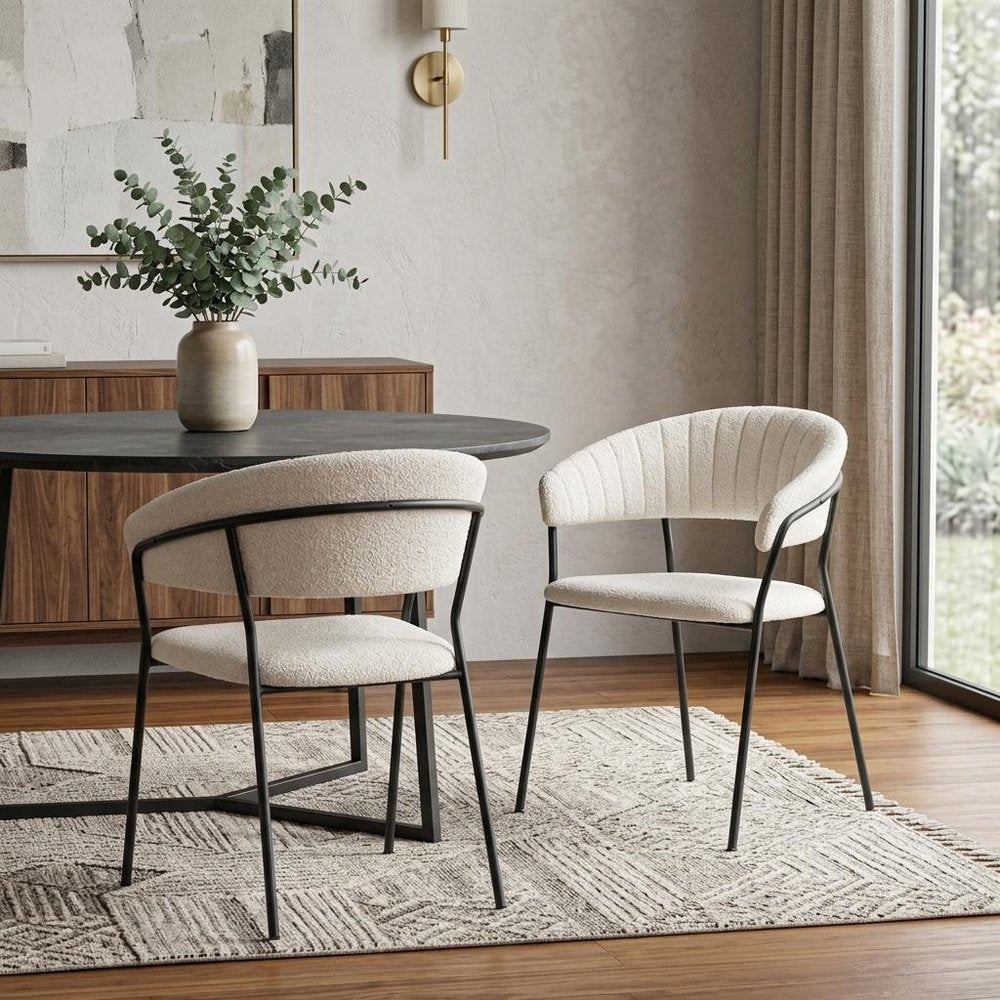 Set of Two Cream and Black Faux Fur Open Back Dining Arm Chairs