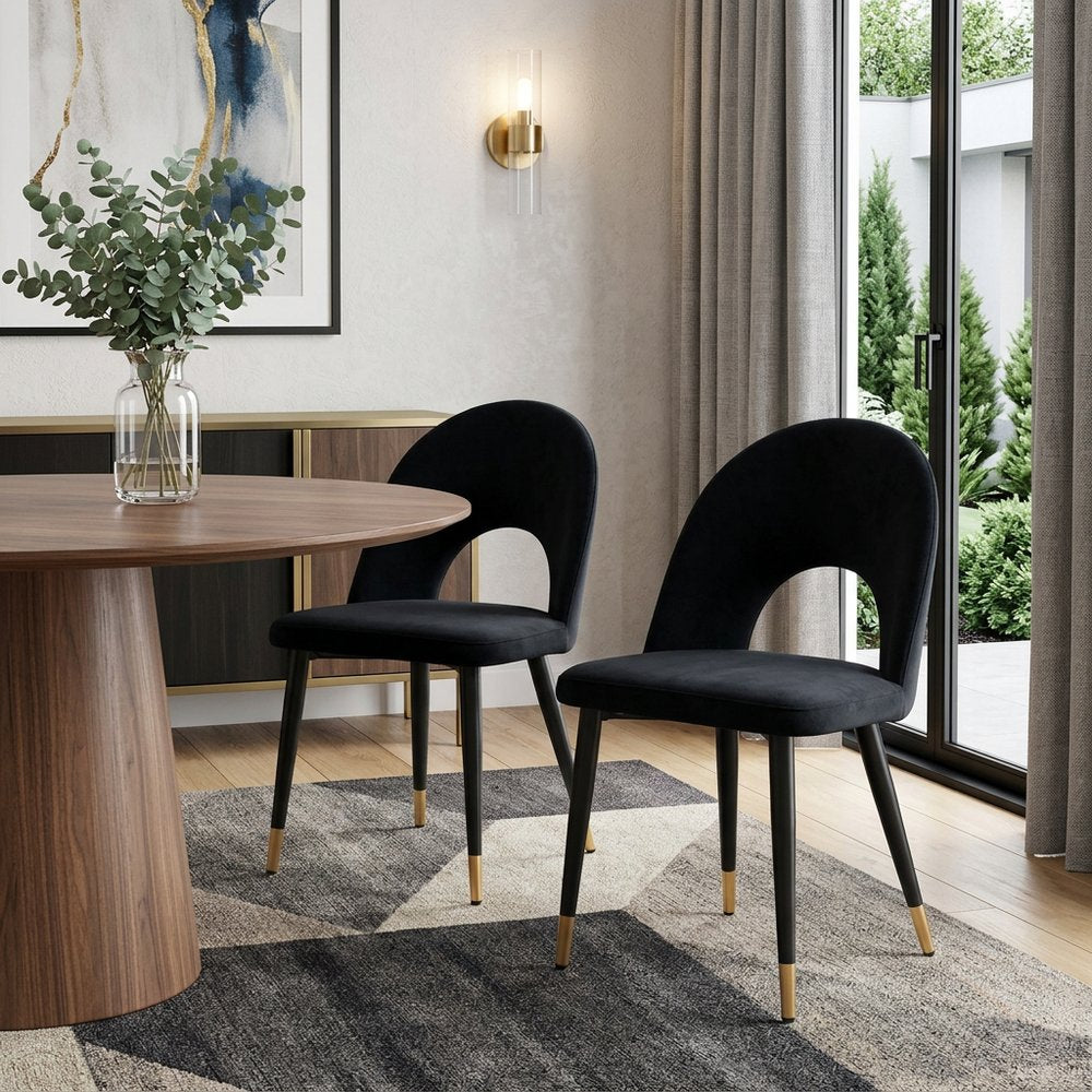 Set of Two Black and Gold Velvet Open Back Dining Side Chairs