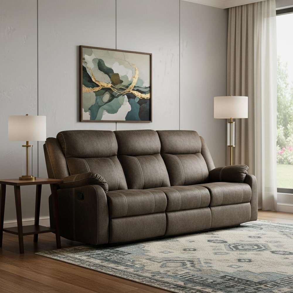 80" Dark Brown Fabric Reclining USB Sofa With Toss Pillow