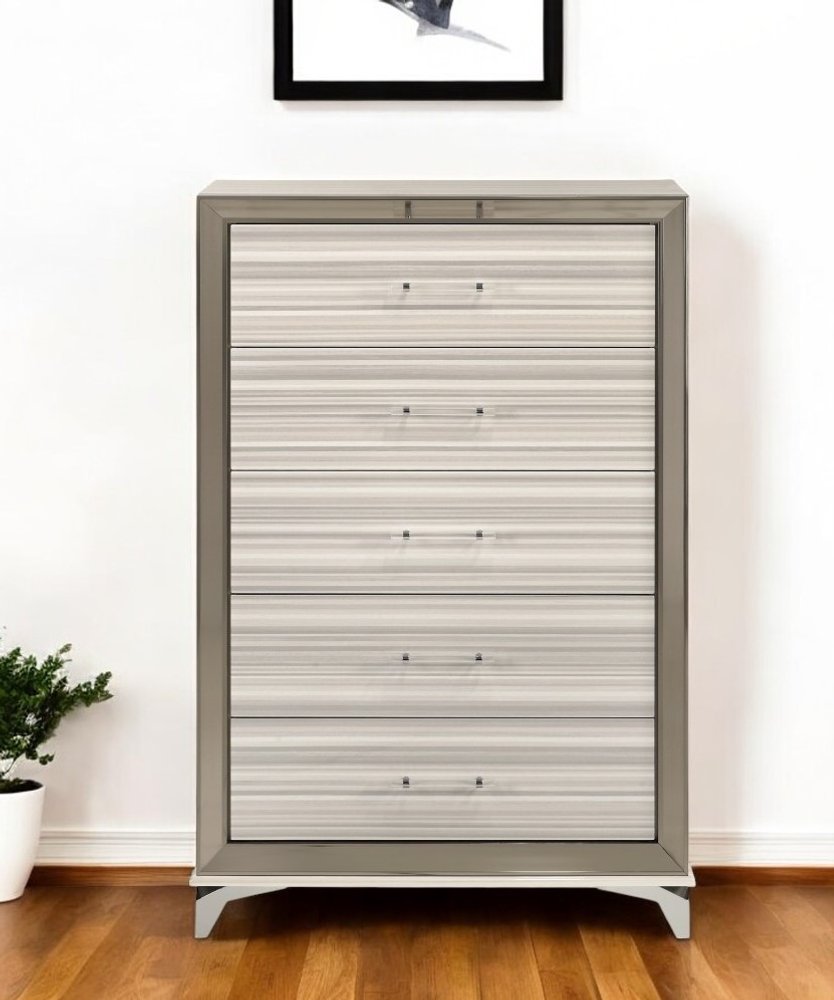 53" Beige And White Wood Lighted Five Drawer Dresser