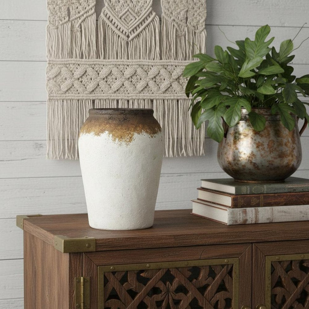 10" Brown And White Color Block Ceramic Round Jug Vase
