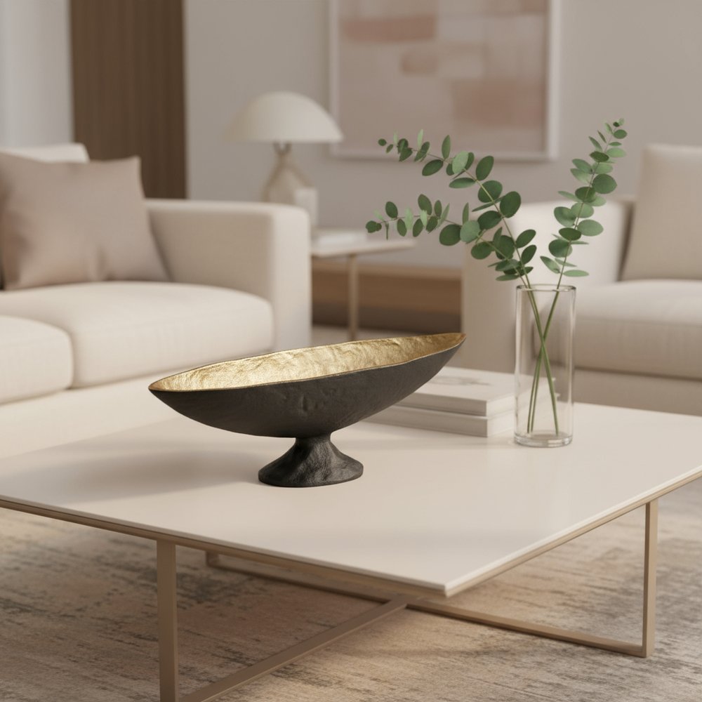 14" Black And Gold Aluminum Oval Pedestal Centerpiece Bowl