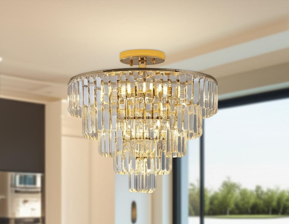 Gold Ten Light Metal Semi-Flush Chandelier With Gold Shades