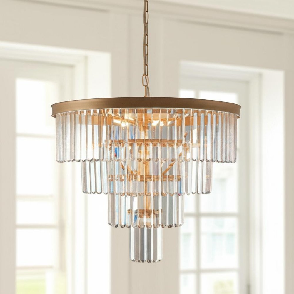 Gold Twelve Light Metal Chandelier With Gold Shades