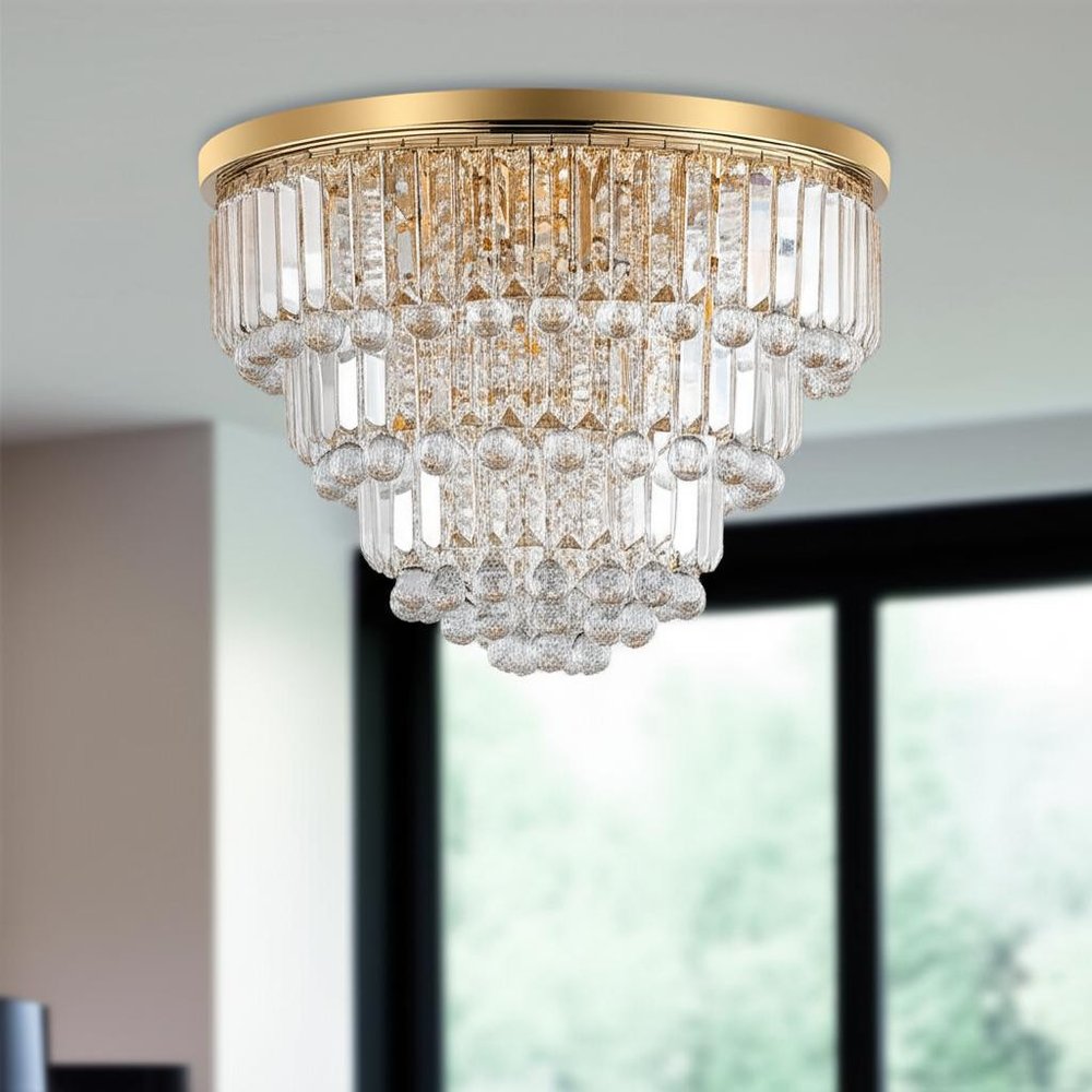 Gold Six Light Crystal Flush Chandelier With Gold Shades