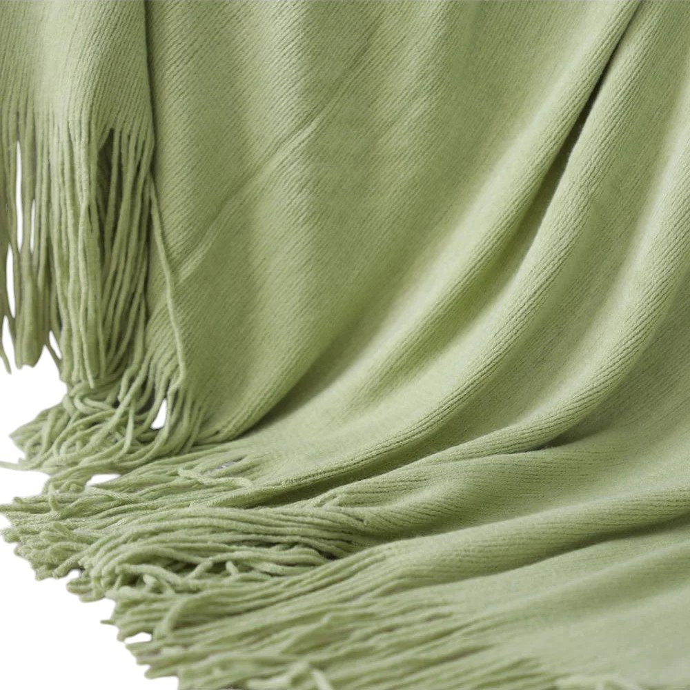 50" X 87" Green Acrylic Knitted Throw Blanket with Fringe