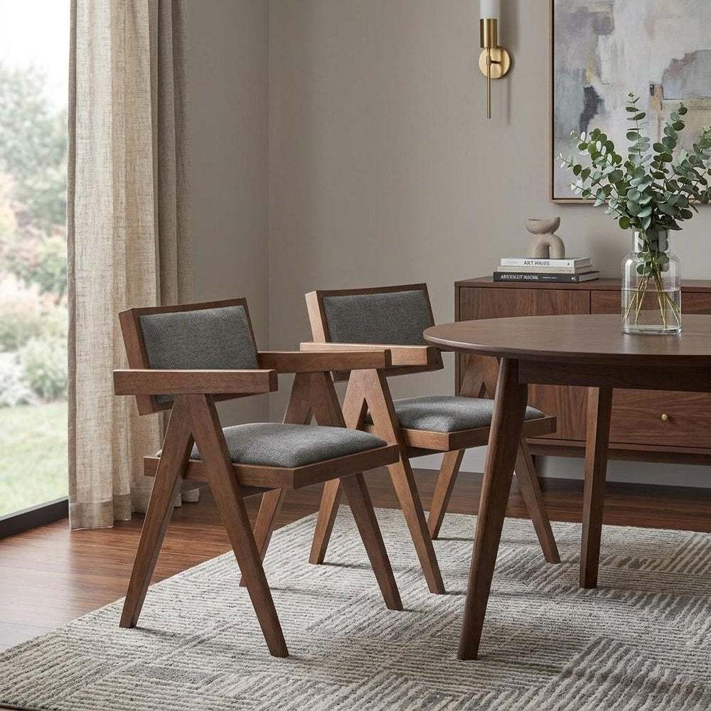 Set of Two Gray and Brown Upholstery Open Back Dining Arm Chairs