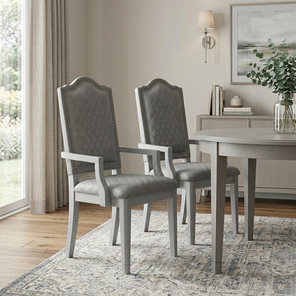 Set of Two Gray Fabric Dining Arm Chairs