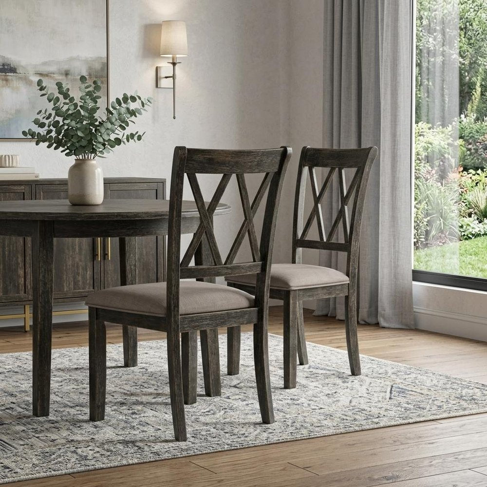 Set of Two Gray Fabric Cross Back Dining Side Chairs