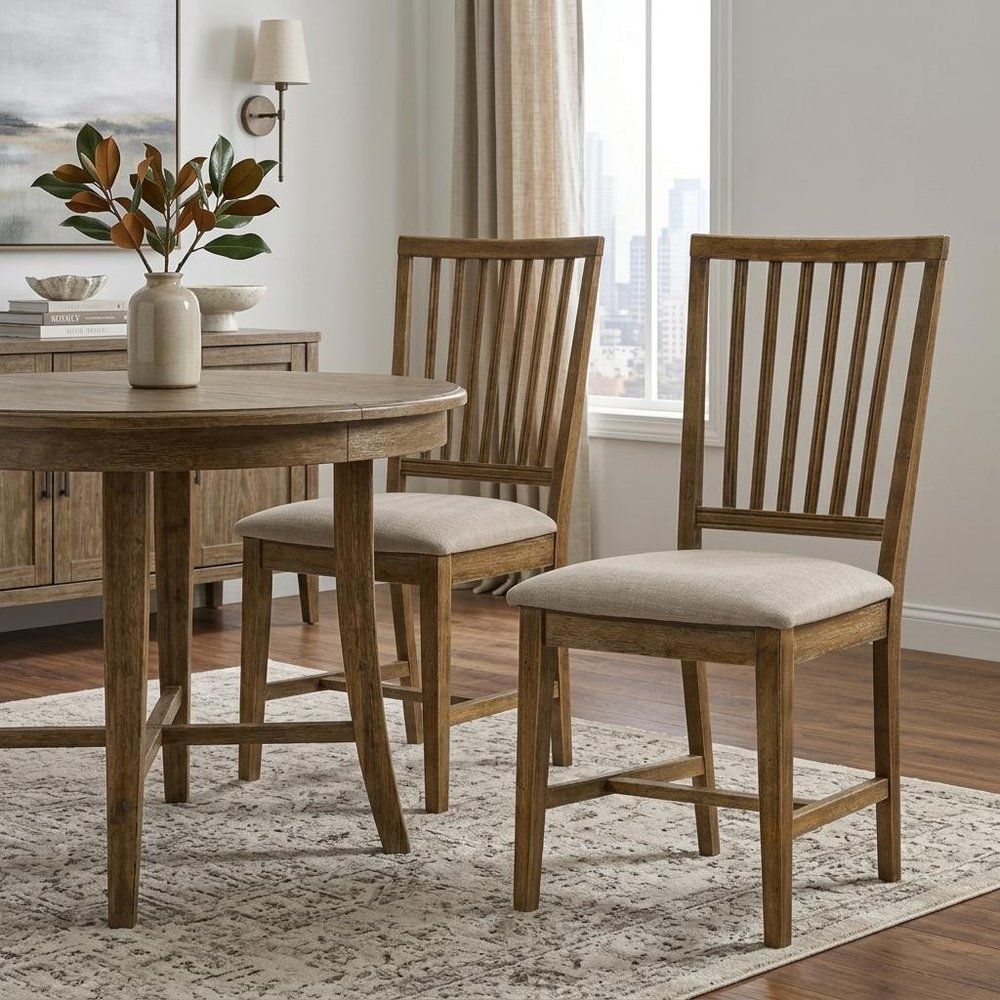Set of Two Tan and Oak Linen Slat Back Dining Side Chairs