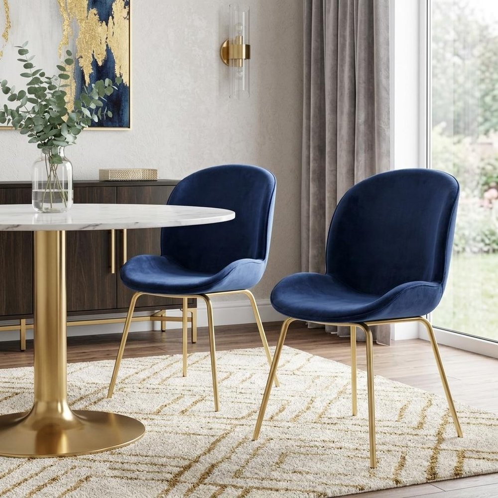Set of Two Blue and Gold Velvet Wing Back Dining Side Chairs