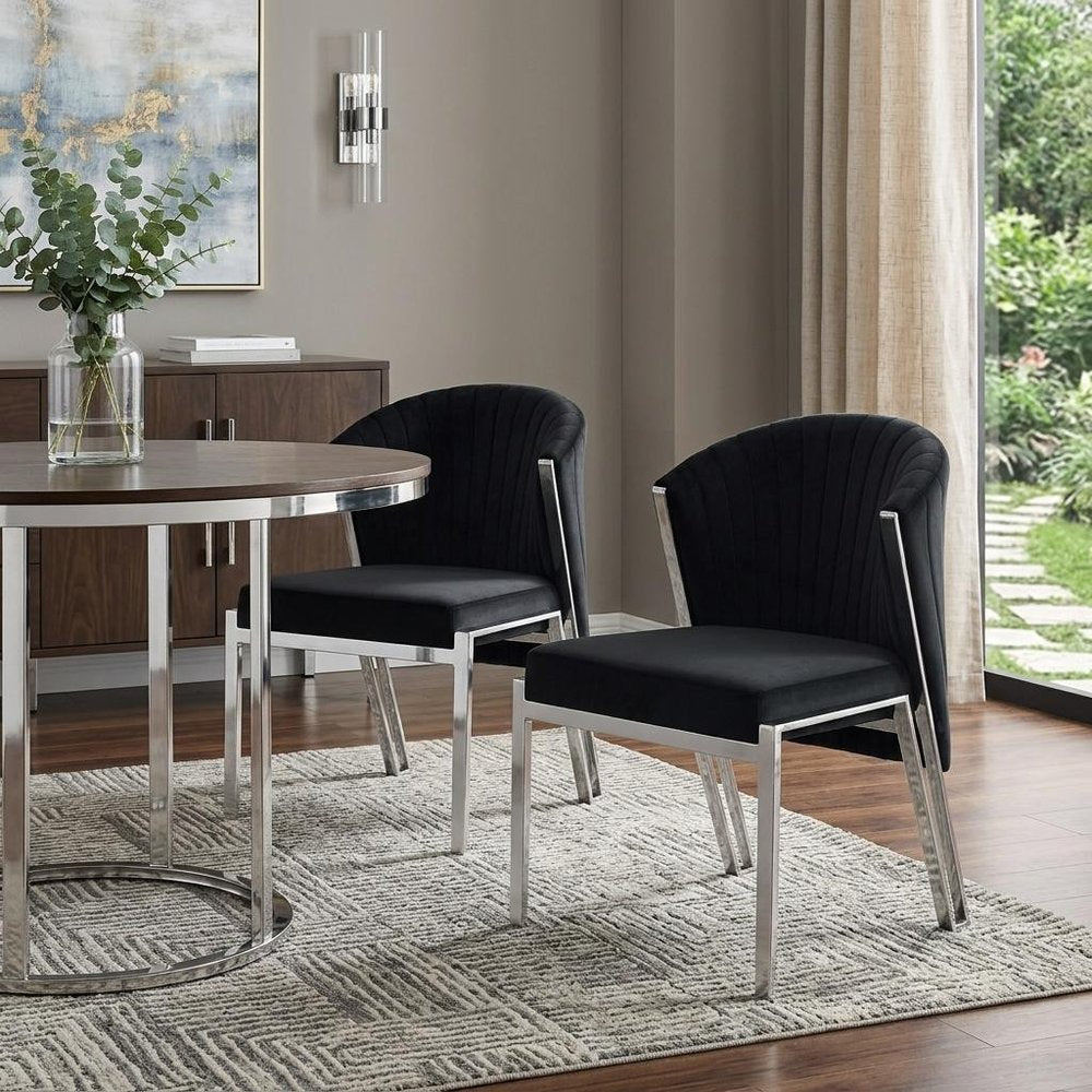Set of Two Black and Silver Velvet Wing Back Dining Side Chairs