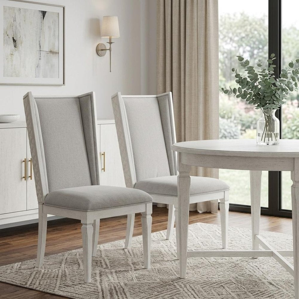 Set of Two Light Gray and White Linen Open Back Dining Side Chairs