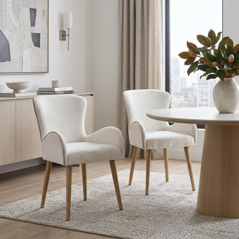 Set of Two Beige and Oak Fabric Dining Side Chairs