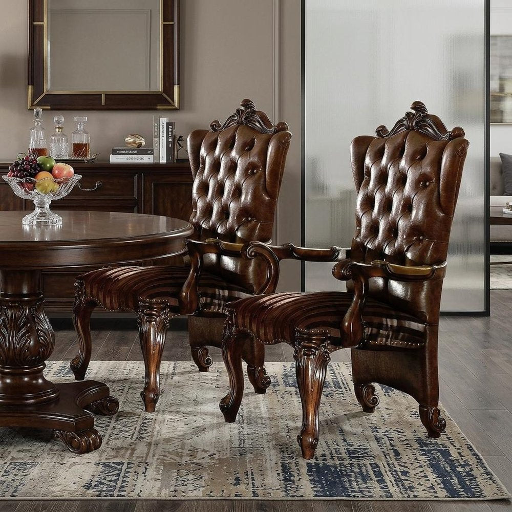 Set of Two Brown and Redwood Tufted Faux Leather Wing Back Dining Arm Chairs
