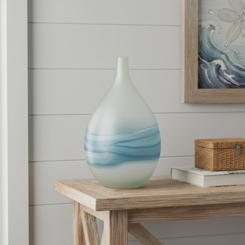16" White And Blue Swirl Art Glass Table Vase