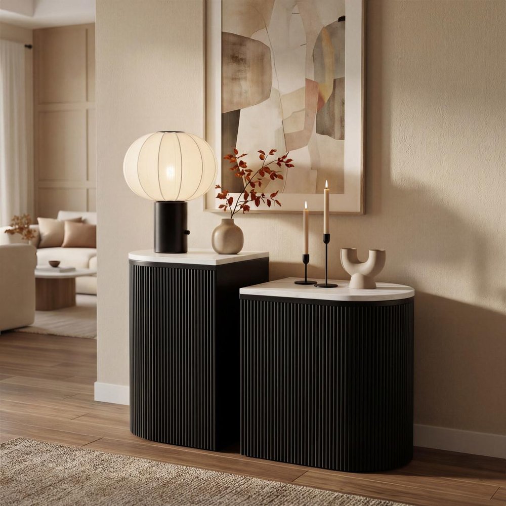 Set of Two Black And White Solid Wood And Marble Oval Block End Tables
