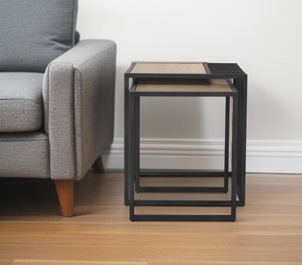 Set of Two Natural and Black Solid Wood and Metal Square Sled Nested Tables