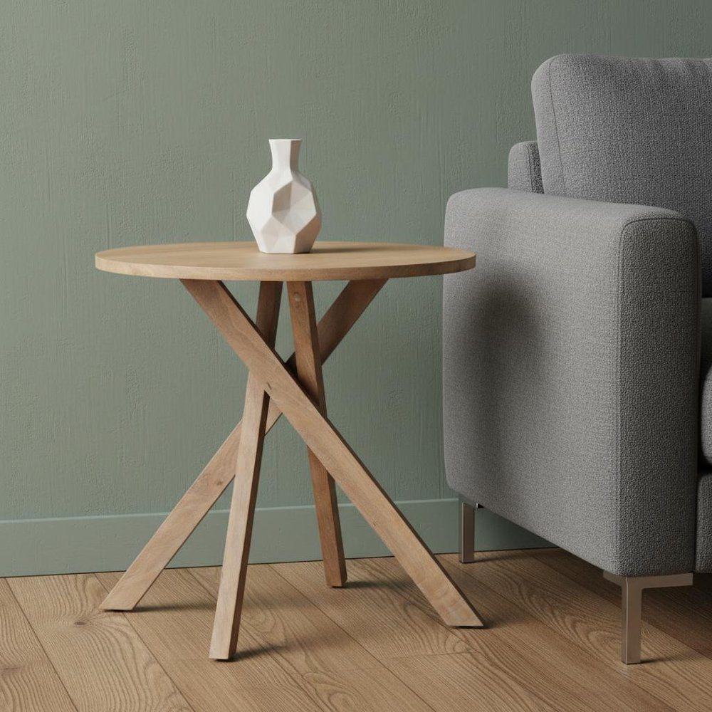 30" Natural Distressed Solid Wood Round Cross Legs End Table