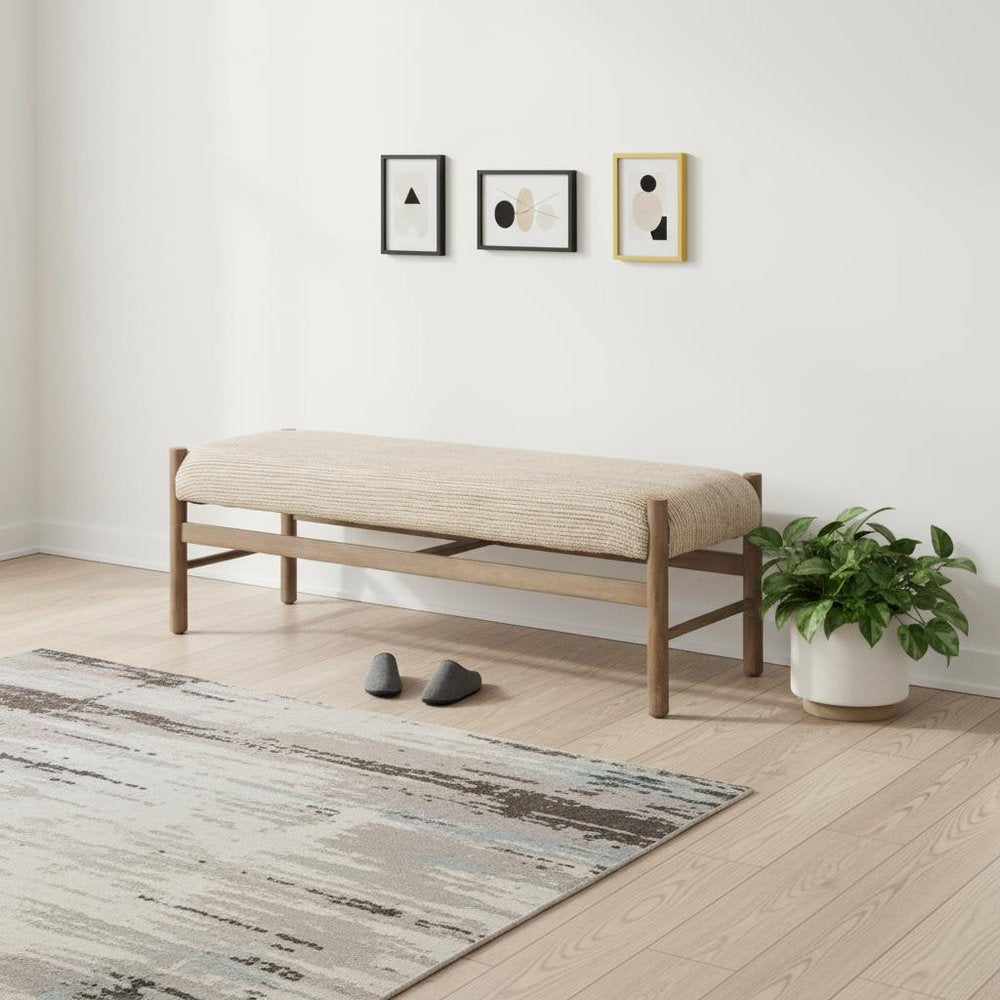 57" Beige and Brown Cotton and Solid Wood Upholstered Bench