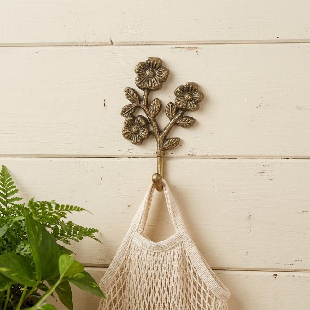 4" Antiqued Gold Cast Iron Flower Wall Hook