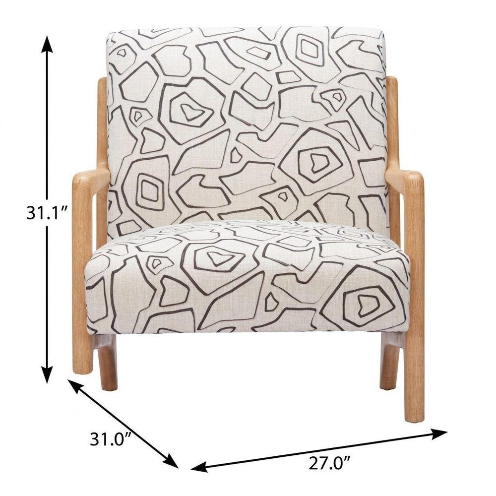 27" Beige and Natural Upholstered Geometric Arm Chair