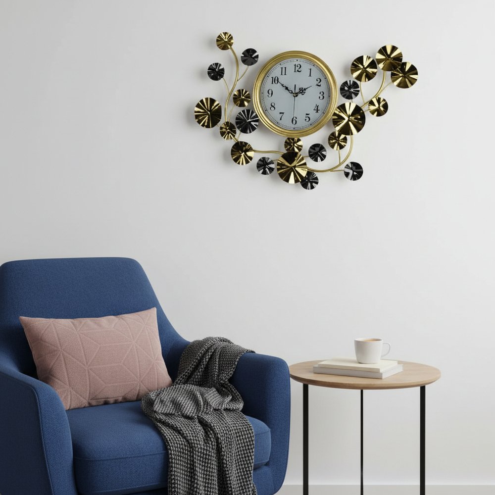27" Gold Silver And White Metal Silent Analog Floral Novelty Wall Clock