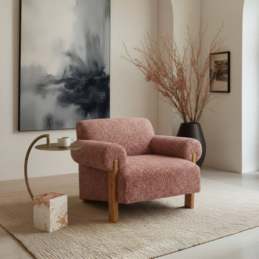 39" Copper And Brown Woven Upholstery And Solid Wood Arm Chair