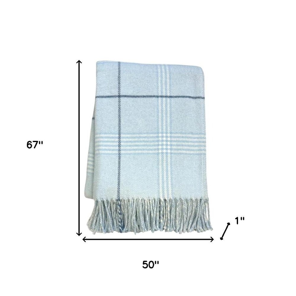 50" X 67" Sky Blue And White Plaid Cotton Blend Woven Throw Blanket with Fringe