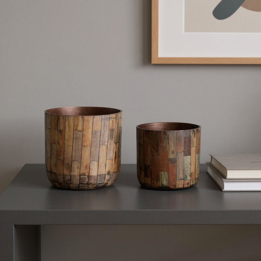 Set of Two Brown Wood 1 Ounce Round Pot Planters