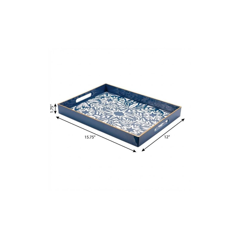 16" Blue And White Geometric Star And Trees Serving Tray With Handles