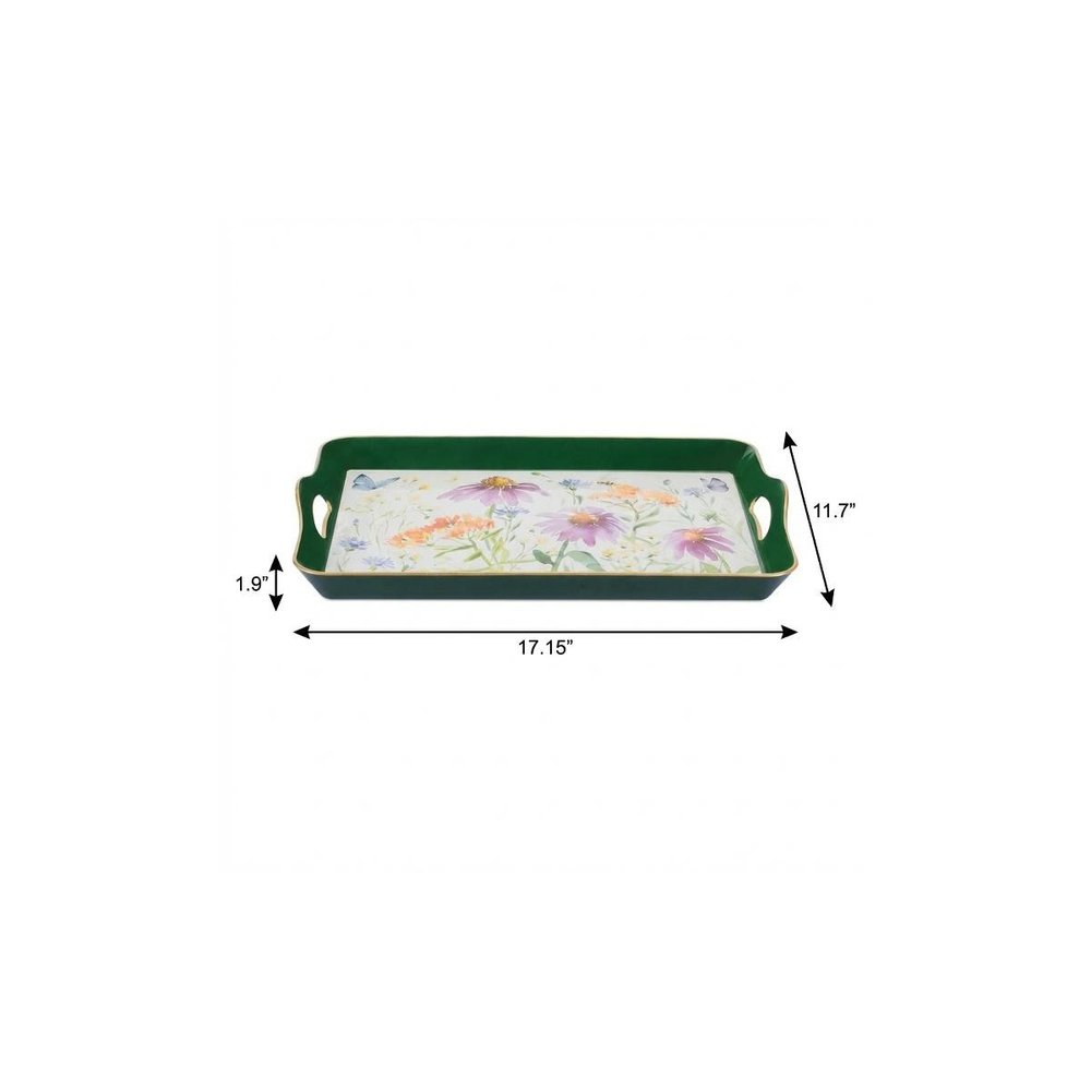 17" Green And White Watercolor Floral Serving Tray With Handles
